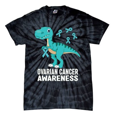 Ovarian Cancer Awareness Teal Ribbon Dinosaur Women Tie-Dye T-Shirt