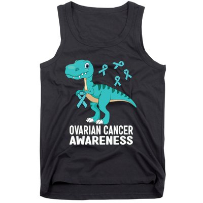 Ovarian Cancer Awareness Teal Ribbon Dinosaur Women Tank Top