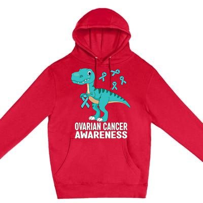 Ovarian Cancer Awareness Teal Ribbon Dinosaur Women Premium Pullover Hoodie