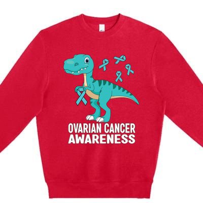 Ovarian Cancer Awareness Teal Ribbon Dinosaur Women Premium Crewneck Sweatshirt