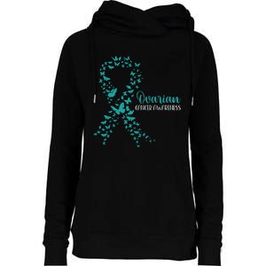 Ovarian Cancer Awareness Teal Ribbon Warrior Survivor Womens Funnel Neck Pullover Hood