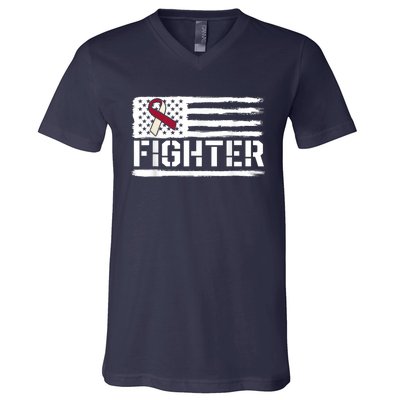 Oral Cancer Awareness Throat Head Neck Fighter American Flag V-Neck T-Shirt