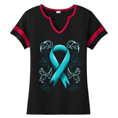 Ovarian Cancer Awareness Ribbon Teal Carcinoma Gynecology Ladies Halftime Notch Neck Tee