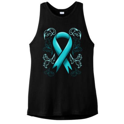 Ovarian Cancer Awareness Ribbon Teal Carcinoma Gynecology Ladies PosiCharge Tri-Blend Wicking Tank