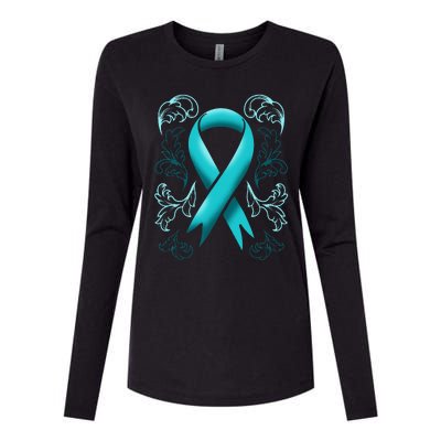 Ovarian Cancer Awareness Ribbon Teal Carcinoma Gynecology Womens Cotton Relaxed Long Sleeve T-Shirt