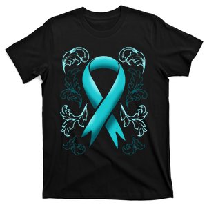 Ovarian Cancer Awareness Ribbon Teal Carcinoma Gynecology T-Shirt