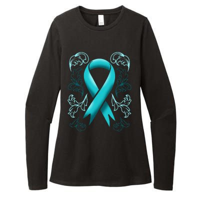 Ovarian Cancer Awareness Ribbon Teal Carcinoma Gynecology Womens CVC Long Sleeve Shirt