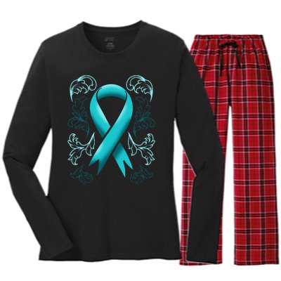 Ovarian Cancer Awareness Ribbon Teal Carcinoma Gynecology Women's Long Sleeve Flannel Pajama Set 