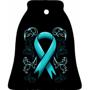 Ovarian Cancer Awareness Ribbon Teal Carcinoma Gynecology Ceramic Bell Ornament