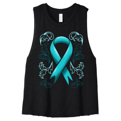 Ovarian Cancer Awareness Ribbon Teal Carcinoma Gynecology Women's Racerback Cropped Tank