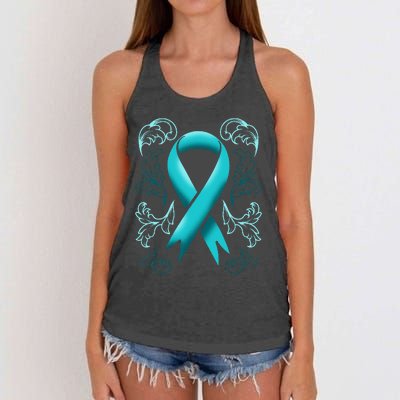 Ovarian Cancer Awareness Ribbon Teal Carcinoma Gynecology Women's Knotted Racerback Tank