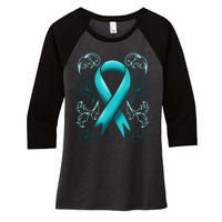 Ovarian Cancer Awareness Ribbon Teal Carcinoma Gynecology Women's Tri-Blend 3/4-Sleeve Raglan Shirt