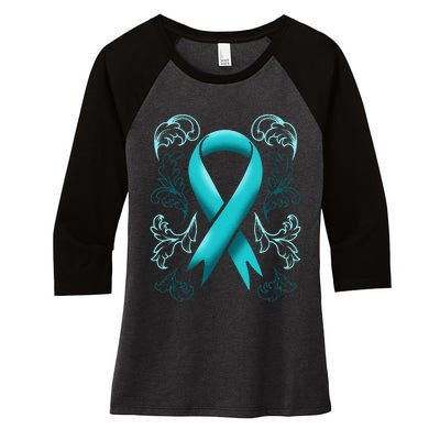 Ovarian Cancer Awareness Ribbon Teal Carcinoma Gynecology Women's Tri-Blend 3/4-Sleeve Raglan Shirt