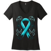 Ovarian Cancer Awareness Ribbon Teal Carcinoma Gynecology Women's V-Neck T-Shirt