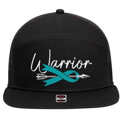 Ovarian Cancer Awareness Month Woman Teal Ribbon Warrior 7 Panel Mesh Trucker Snapback Hat