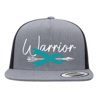 Ovarian Cancer Awareness Month Woman Teal Ribbon Warrior Flat Bill Trucker Hat