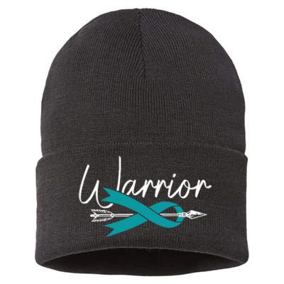 Ovarian Cancer Awareness Month Woman Teal Ribbon Warrior Sustainable Knit Beanie