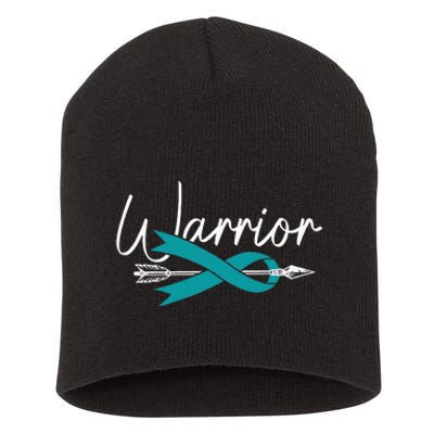 Ovarian Cancer Awareness Month Woman Teal Ribbon Warrior Short Acrylic Beanie