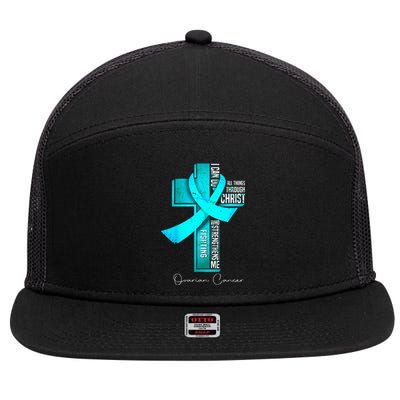 Ovarian Cancer Awareness Teal Ribbon Christian Cross 7 Panel Mesh Trucker Snapback Hat