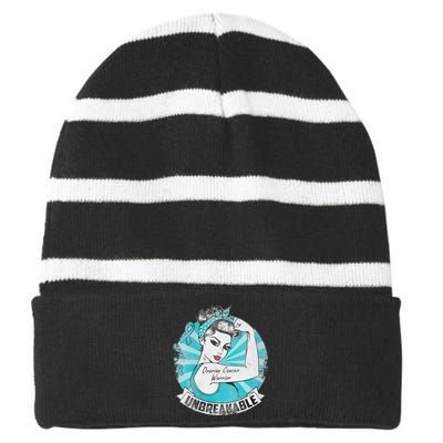 Ovarian Cancer Awareness Warrior Unbreakable Support Squad Striped Beanie with Solid Band