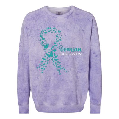 Ovarian Cancer Awareness Teal Ribbon Warrior Survivor Colorblast Crewneck Sweatshirt