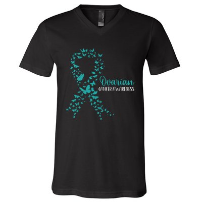 Ovarian Cancer Awareness Teal Ribbon Warrior Survivor V-Neck T-Shirt