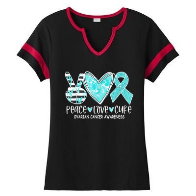 Ovarian Cancer Awareness Teal Ribbon Heart Peace Love Cure Ladies Halftime Notch Neck Tee