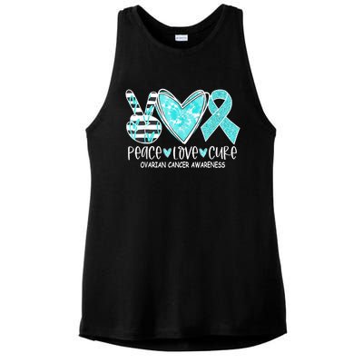 Ovarian Cancer Awareness Teal Ribbon Heart Peace Love Cure Ladies PosiCharge Tri-Blend Wicking Tank