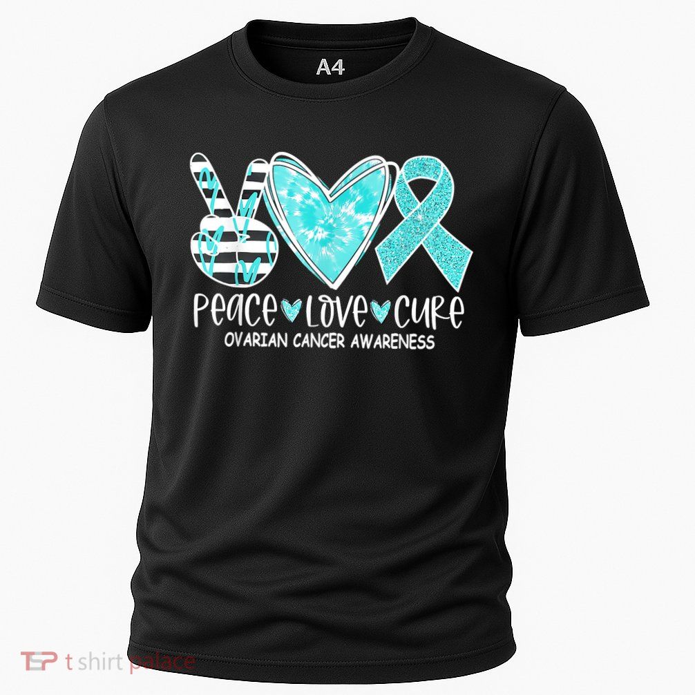Ovarian Cancer Awareness Teal Ribbon Heart Peace Love Cure Performance Shirt