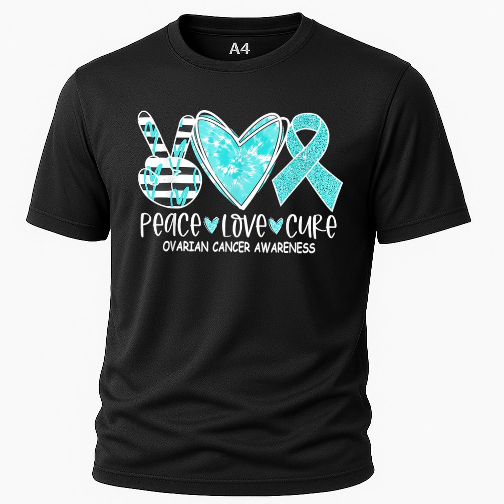 Ovarian Cancer Awareness Teal Ribbon Heart Peace Love Cure Cooling Performance Crew T-Shirt
