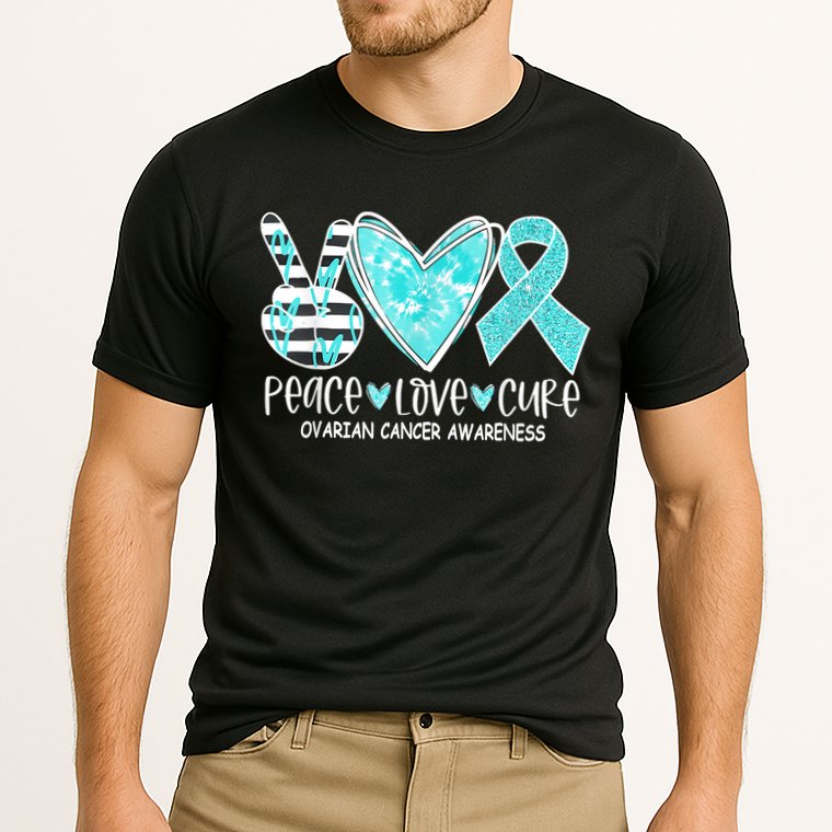 Ovarian Cancer Awareness Teal Ribbon Heart Peace Love Cure Cooling Performance Crew T-Shirt