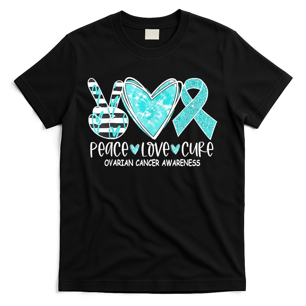 Ovarian Cancer Awareness Teal Ribbon Heart Peace Love Cure T-Shirt