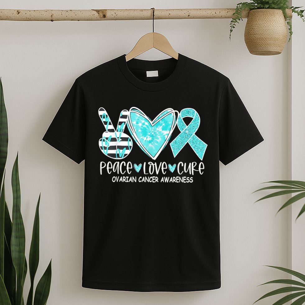 Ovarian Cancer Awareness Teal Ribbon Heart Peace Love Cure T-Shirt