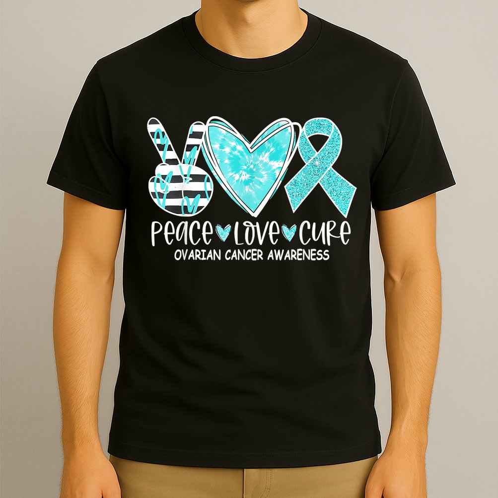 Ovarian Cancer Awareness Teal Ribbon Heart Peace Love Cure T-Shirt