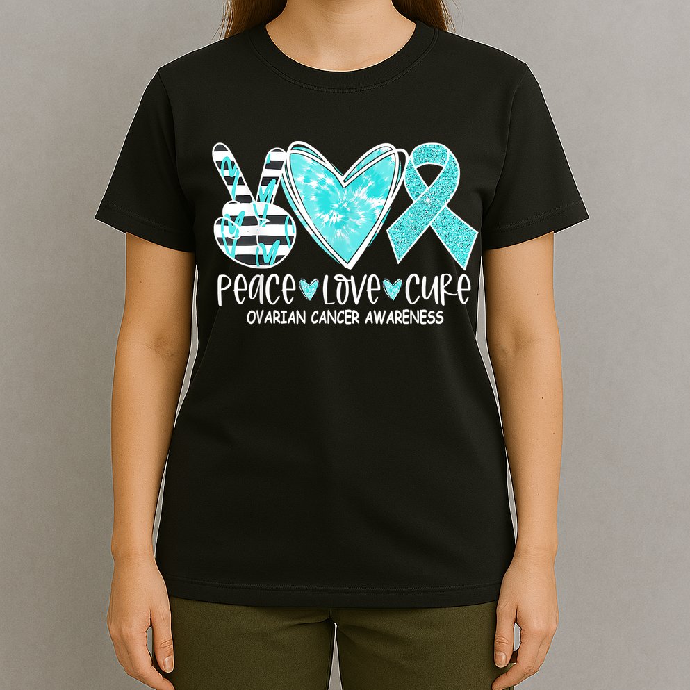 Ovarian Cancer Awareness Teal Ribbon Heart Peace Love Cure T-Shirt
