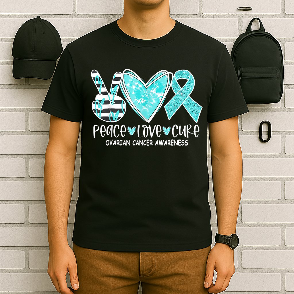 Ovarian Cancer Awareness Teal Ribbon Heart Peace Love Cure T-Shirt