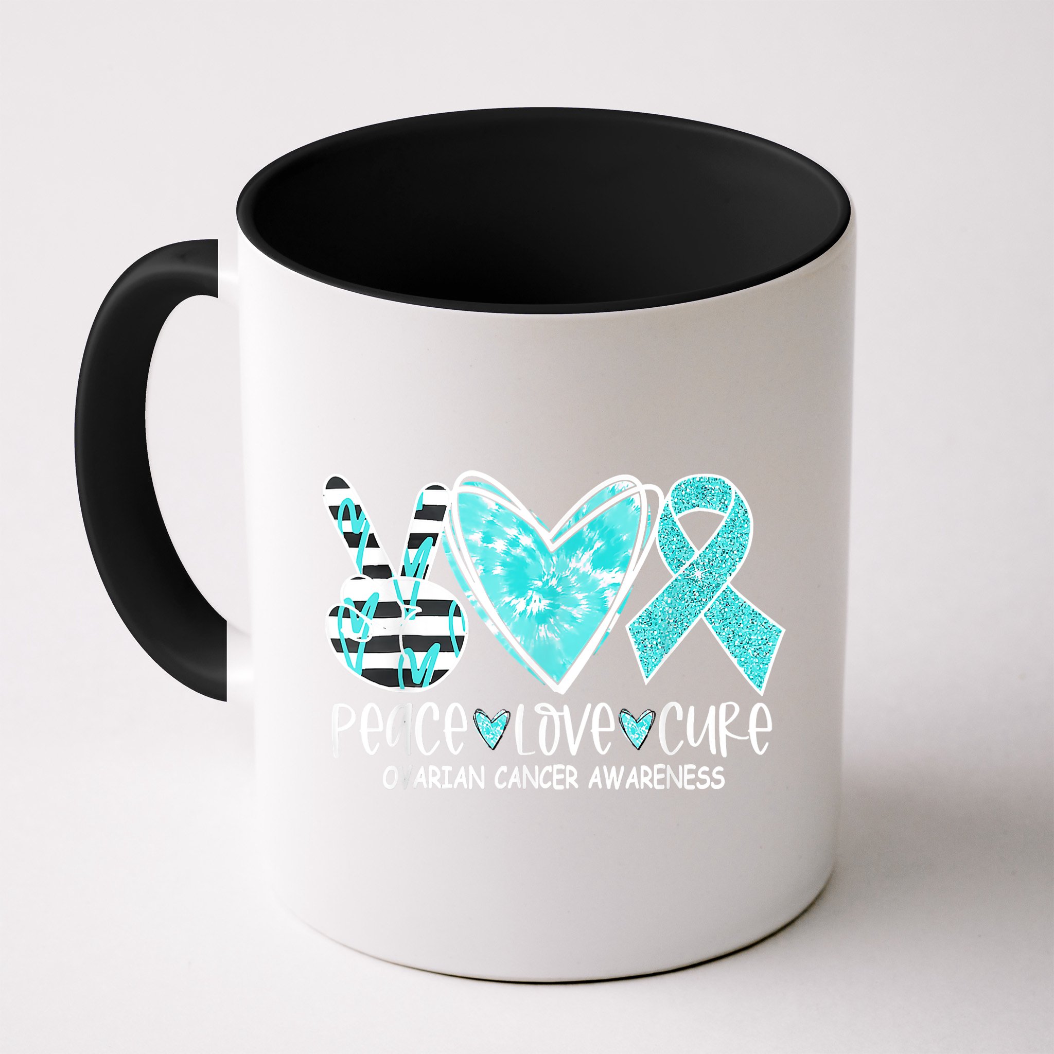 Ovarian Cancer Awareness Teal Ribbon Heart Peace Love Cure Mug