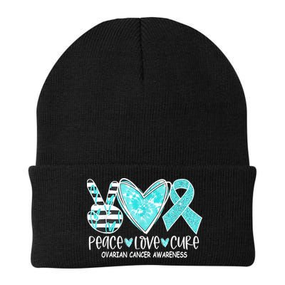 Ovarian Cancer Awareness Teal Ribbon Heart Peace Love Cure Beanie