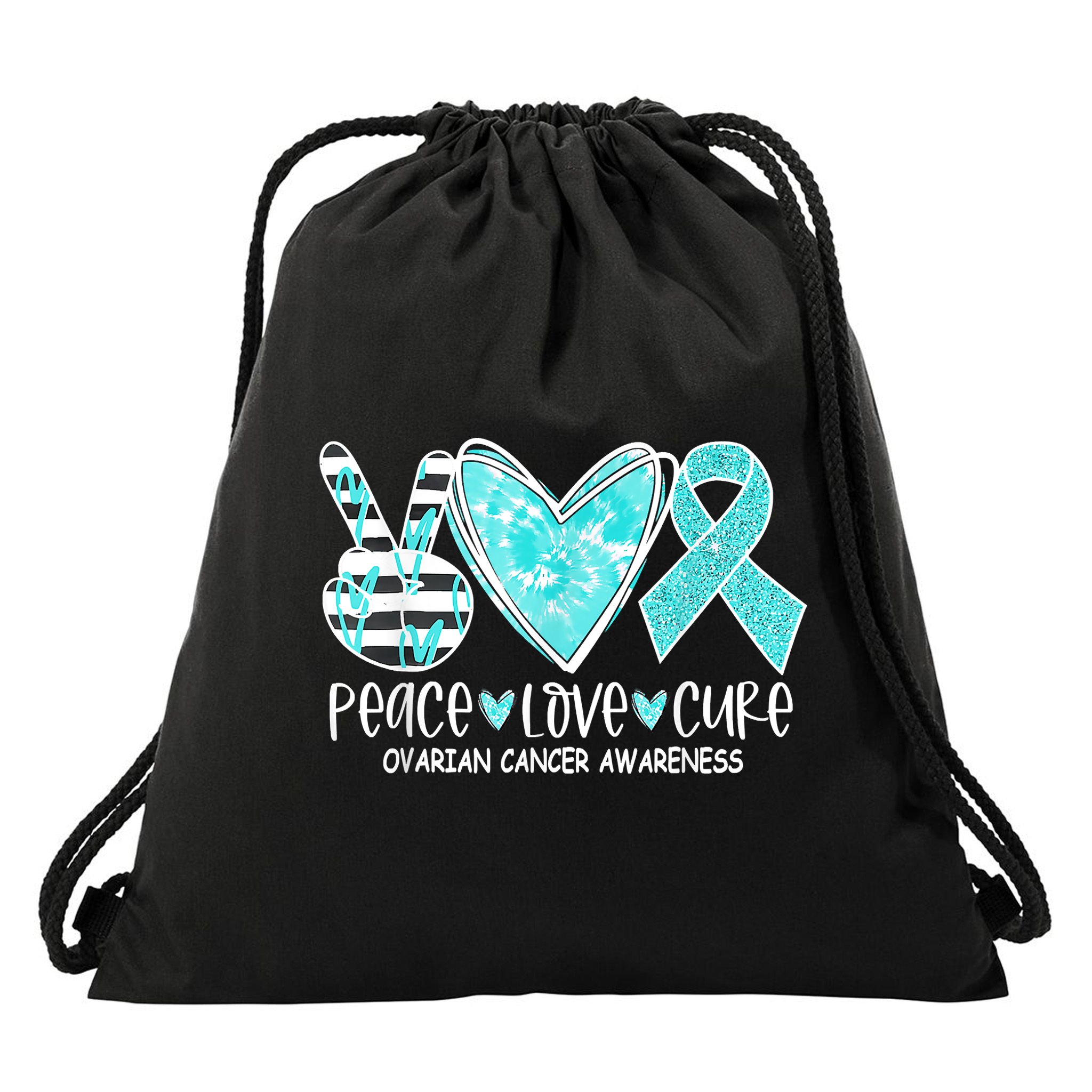Ovarian Cancer Awareness Teal Ribbon Heart Peace Love Cure Drawstring Bag