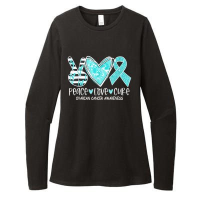 Ovarian Cancer Awareness Teal Ribbon Heart Peace Love Cure Womens CVC Long Sleeve Shirt