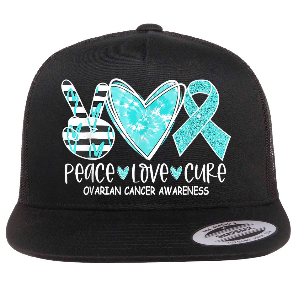 Ovarian Cancer Awareness Teal Ribbon Heart Peace Love Cure Flat Bill Trucker Hat