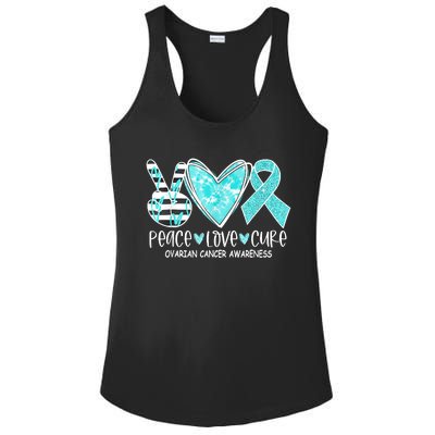 Ovarian Cancer Awareness Teal Ribbon Heart Peace Love Cure Ladies PosiCharge Competitor Racerback Tank