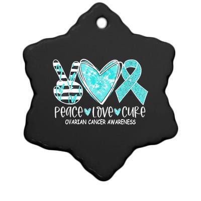 Ovarian Cancer Awareness Teal Ribbon Heart Peace Love Cure Ceramic Star Ornament