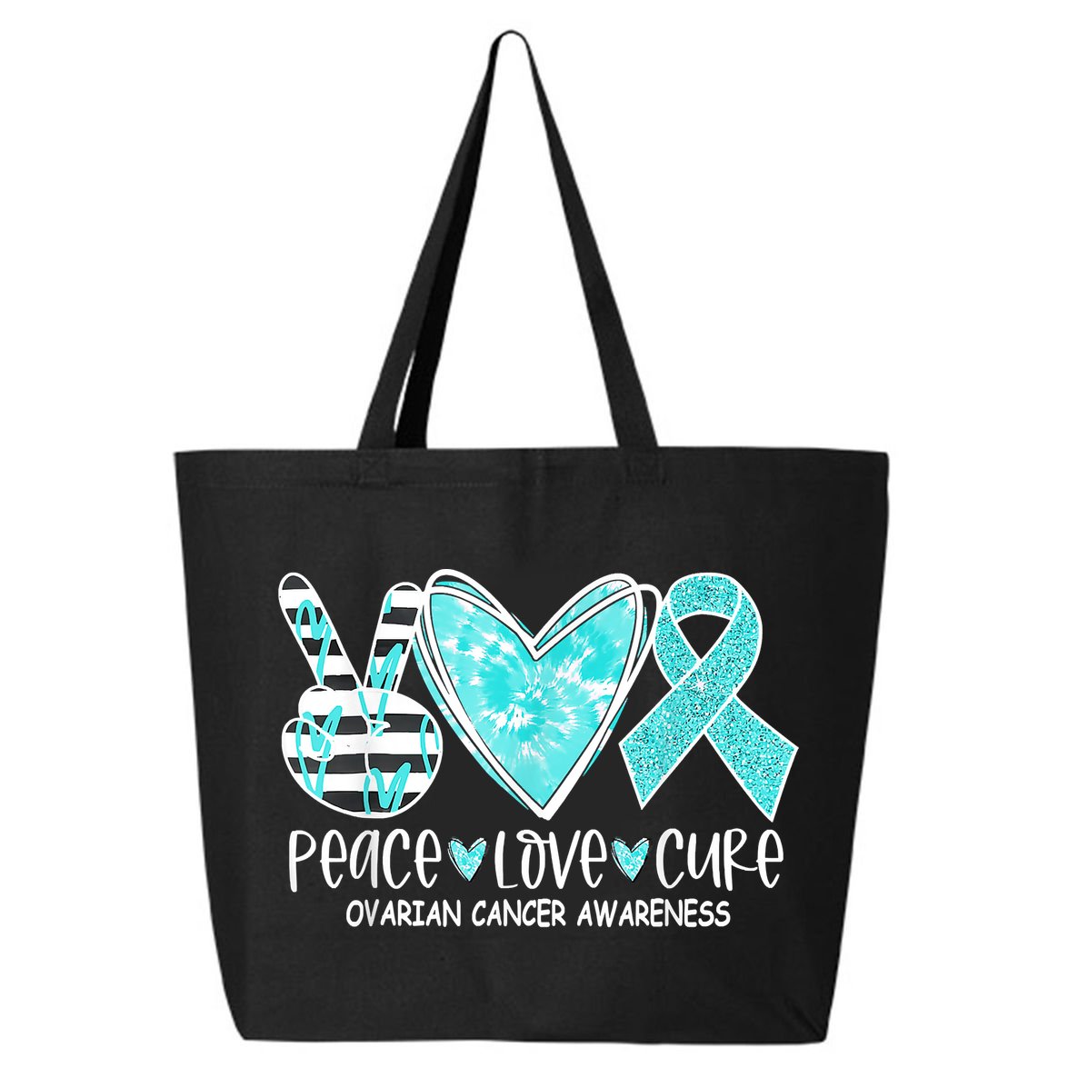 Ovarian Cancer Awareness Teal Ribbon Heart Peace Love Cure 25L Jumbo Tote
