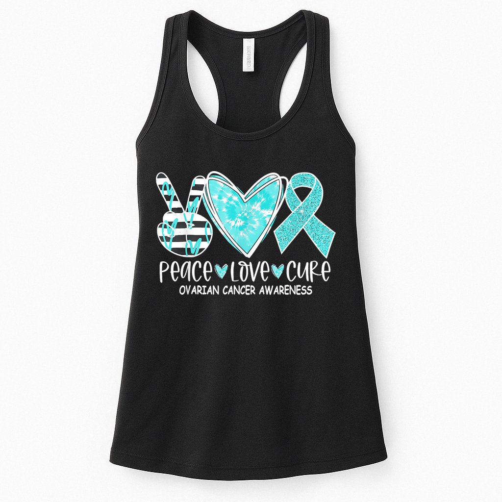 Ovarian Cancer Awareness Teal Ribbon Heart Peace Love Cure Womens Tank Top