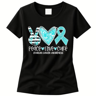 Ovarian Cancer Awareness Teal Ribbon Heart Peace Love Cure Womens T-Shirt