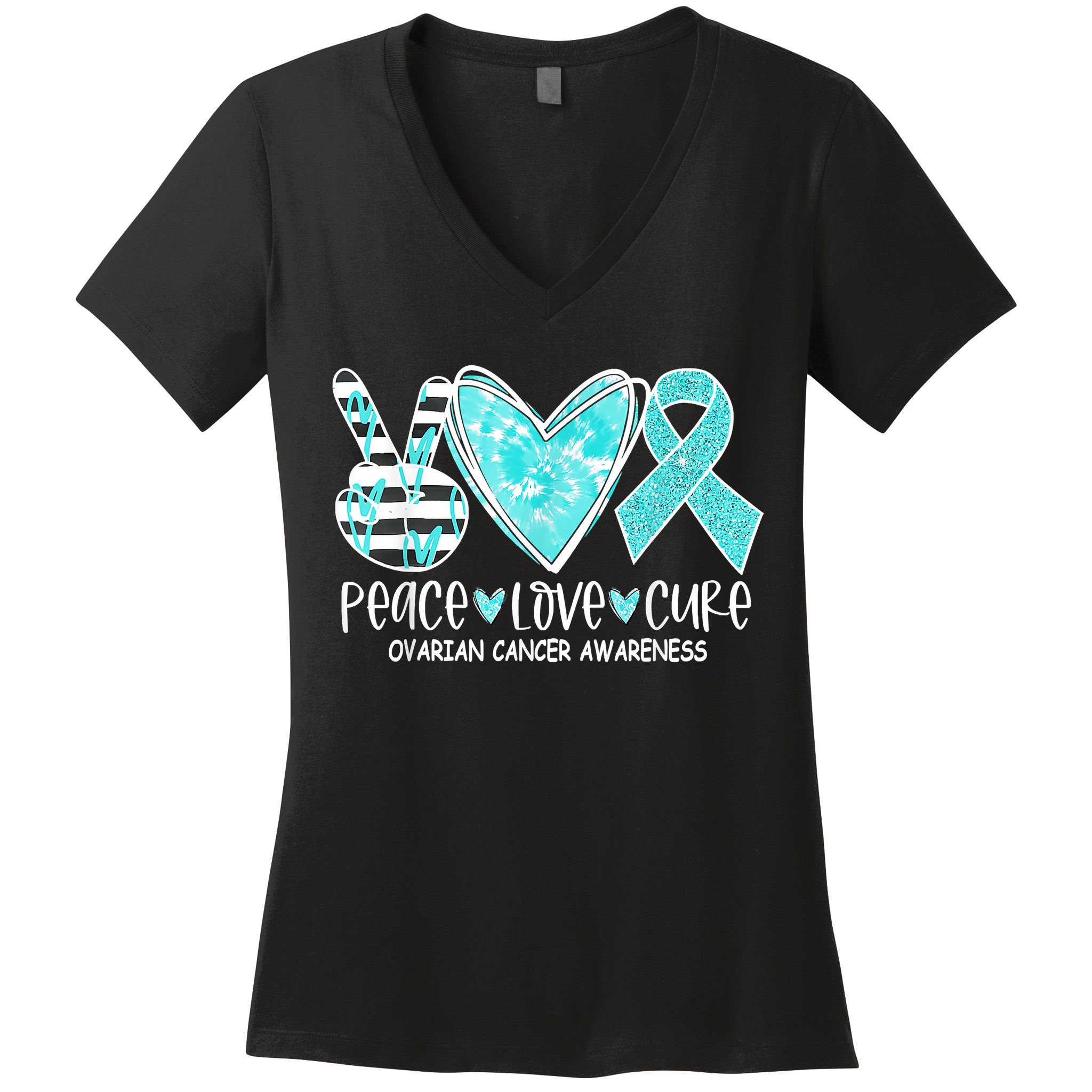Ovarian Cancer Awareness Teal Ribbon Heart Peace Love Cure Women's V-Neck T-Shirt