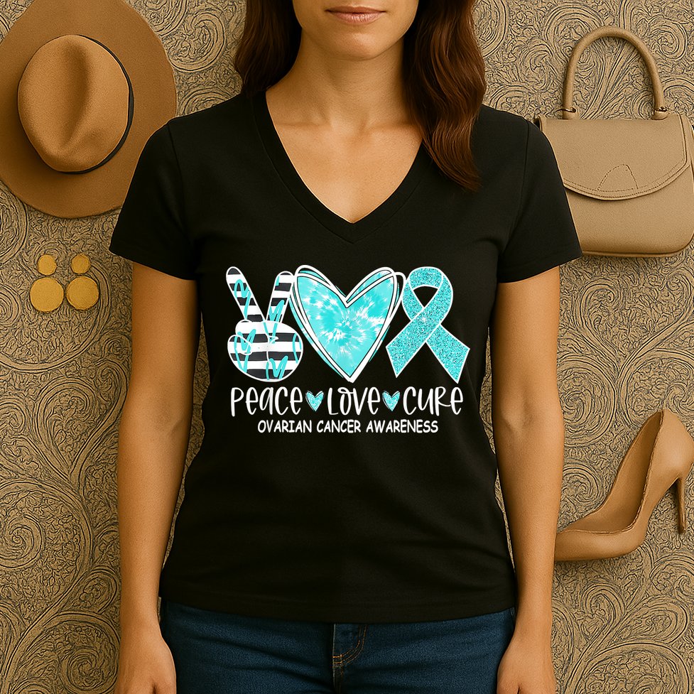 Ovarian Cancer Awareness Teal Ribbon Heart Peace Love Cure Women's V-Neck T-Shirt