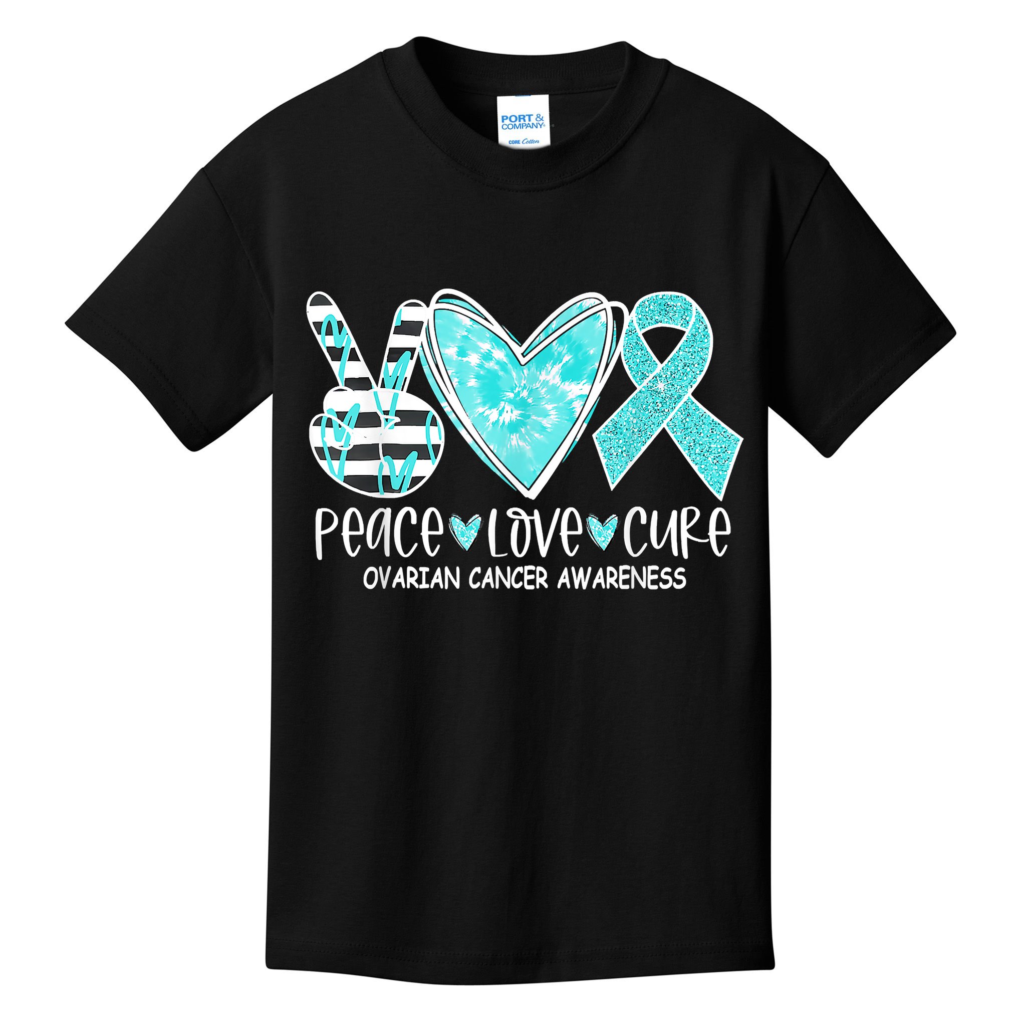 Ovarian Cancer Awareness Teal Ribbon Heart Peace Love Cure Kids T-Shirt