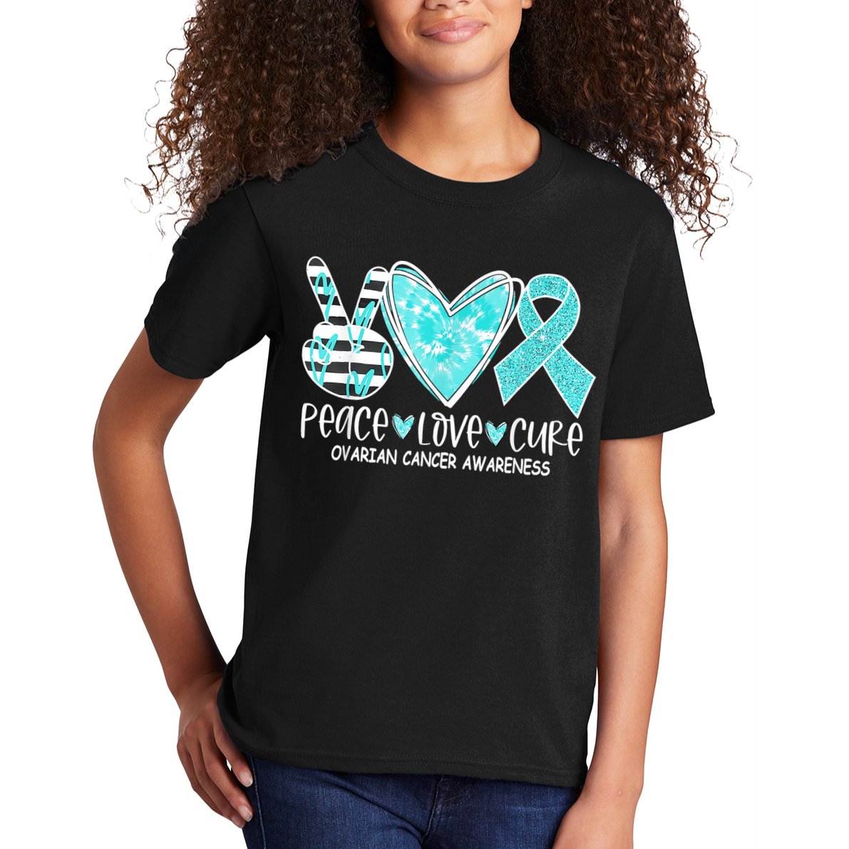 Ovarian Cancer Awareness Teal Ribbon Heart Peace Love Cure Kids T-Shirt